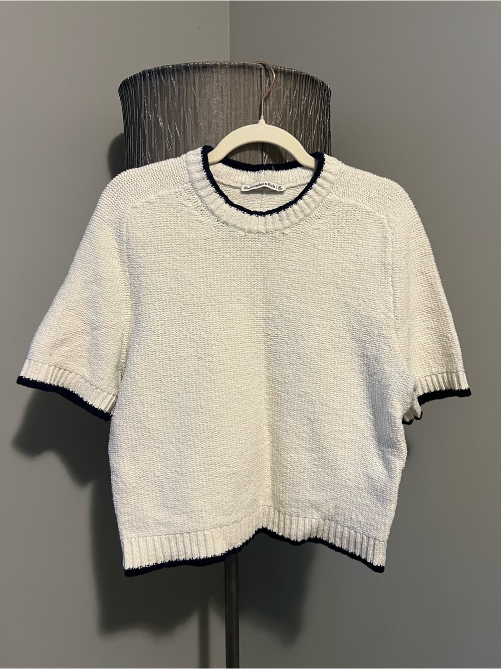 Abercrombie & Fitch Madeline Textural Crew Sweater Top in cream with navy trim
